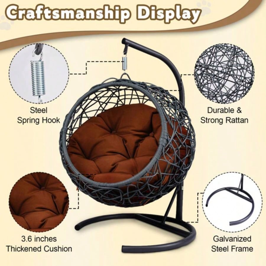 Swing Bed with Stand Cushion, Chair with Rattan Wicker Appearance, Indoor Hanging Swinging Bed Cats, Small Dogs, and Small Animals, Brown