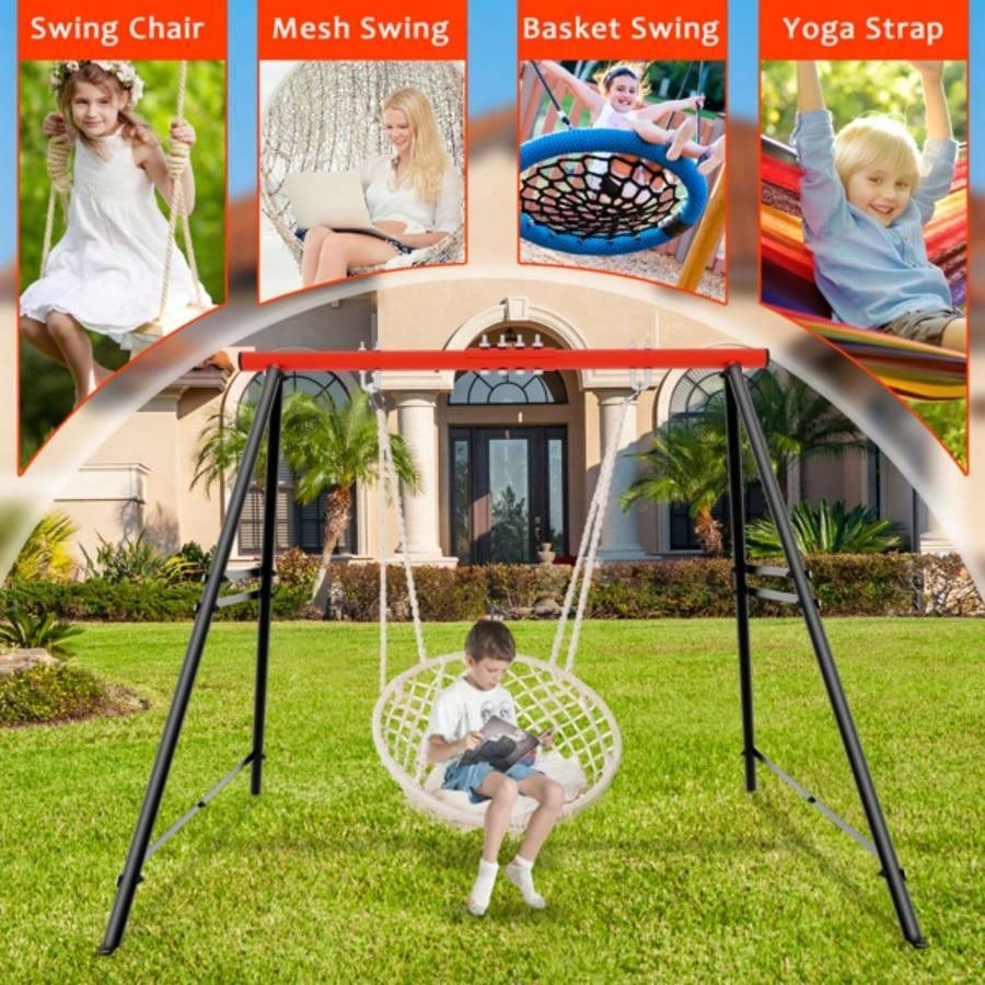 Swing Sets Backyard, Swingset Outdoor Kids, Toddler Porch Swing, Metal A - Frame Swing Stand Indoor, Adult Backyard Swing Frame, Easy to Assemble, Red without Swing