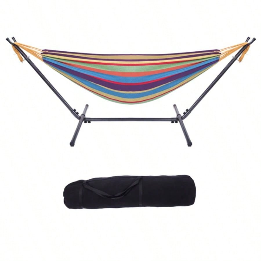 Portable Outdoor Polyester Hammock Set Black Background Silver Flower Colorful