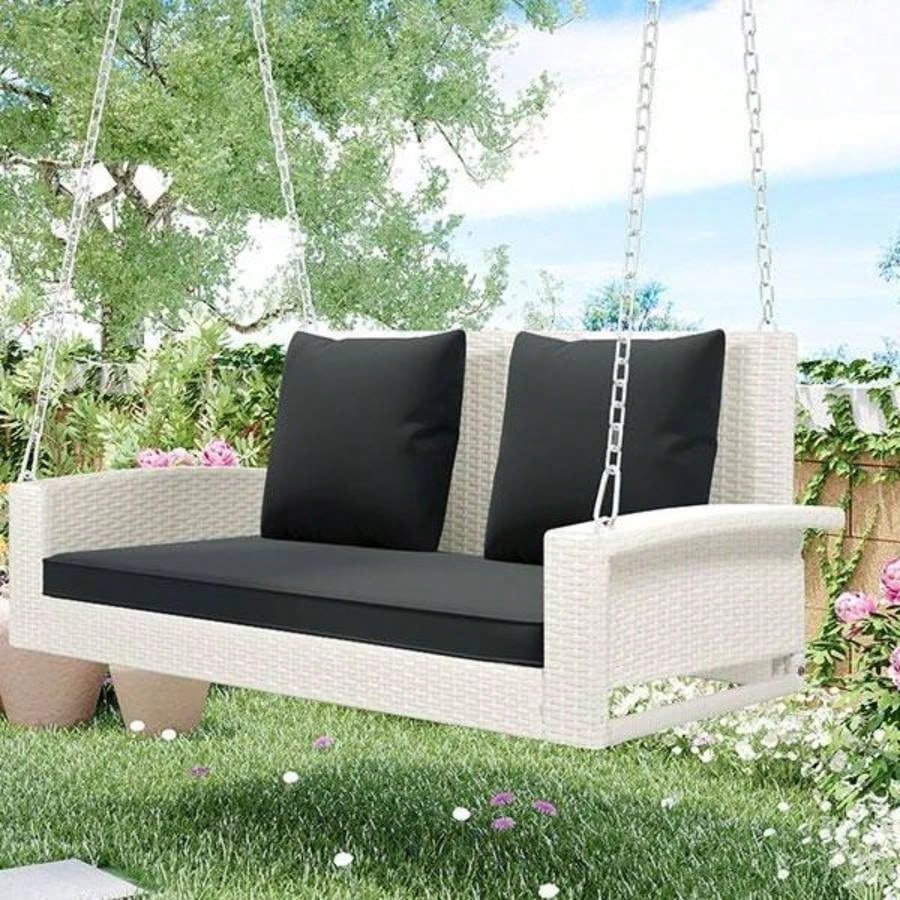 2 - Person Wicker Hanging Porch Swing with Chains, Cushion, Pillow, Rattan Swing Garden, Backyard, Pond. White Wicker, Gray Cushion