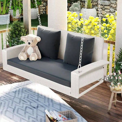 2 - Person Wicker Hanging Porch Swing with Chains, Cushion, Pillow, Rattan Swing Garden, Backyard, Pond. White Wicker, Gray Cushion