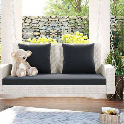 2 - Person Wicker Hanging Porch Swing with Chains, Cushion, Pillow, Rattan Swing Garden, Backyard, Pond. White Wicker, Gray Cushion