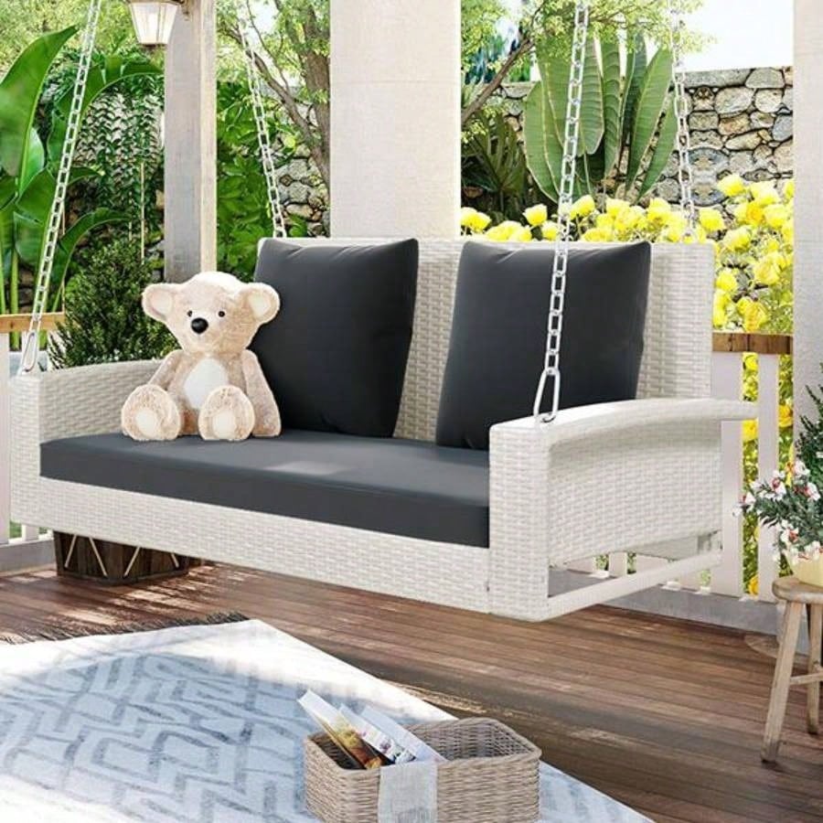 2 - Person Wicker Hanging Porch Swing with Chains, Cushion, Pillow, Rattan Swing Garden, Backyard, Pond. White Wicker, Gray Cushion