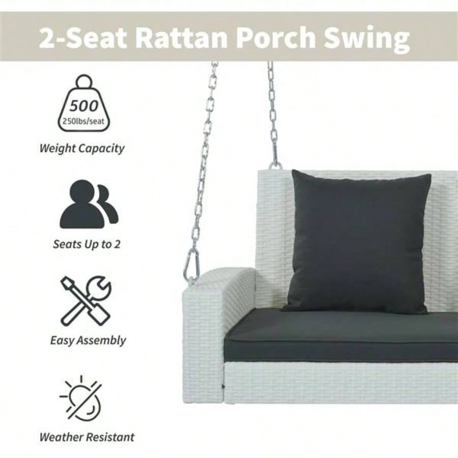 2 - Person Wicker Hanging Porch Swing with Chains, Cushion, Pillow, Rattan Swing Garden, Backyard, Pond. White Wicker, Gray Cushion