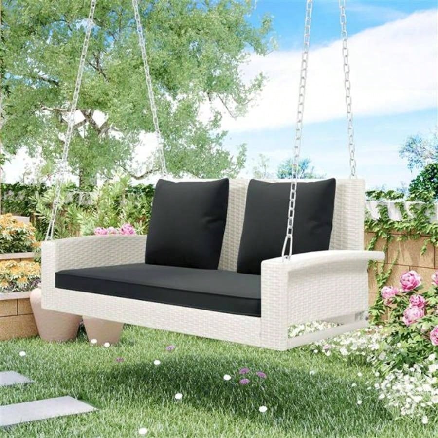 2 - Person Wicker Hanging Porch Swing with Chains, Cushion, Pillow, Rattan Swing Garden, Backyard, Pond. White Wicker, Gray Cushion