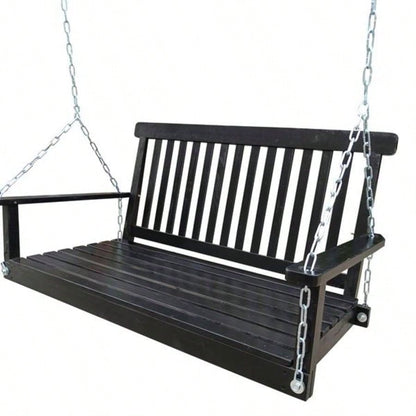 Front Porch Swing with Armrests, Wood Swing with Hanging Chains, Outdoor Patio, Garden Yard, porch, backyard, or sunroom, Easy to Assemble, black