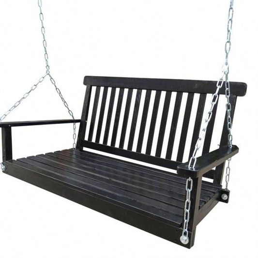 Front Porch Swing with Armrests, Wood Swing with Hanging Chains, Outdoor Patio, Garden Yard, porch, backyard, or sunroom, Easy to Assemble, black