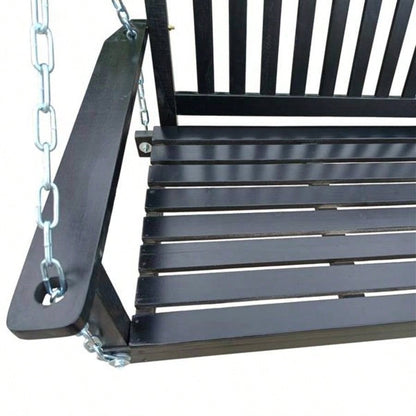Front Porch Swing with Armrests, Wood Swing with Hanging Chains, Outdoor Patio, Garden Yard, porch, backyard, or sunroom, Easy to Assemble, black