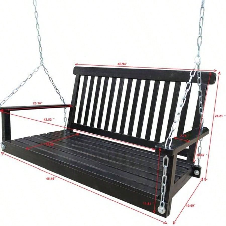 Front Porch Swing with Armrests, Wood Swing with Hanging Chains, Outdoor Patio, Garden Yard, porch, backyard, or sunroom, Easy to Assemble, black