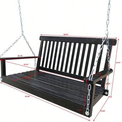 Front Porch Swing with Armrests, Wood Swing with Hanging Chains, Outdoor Patio, Garden Yard, porch, backyard, or sunroom, Easy to Assemble, black