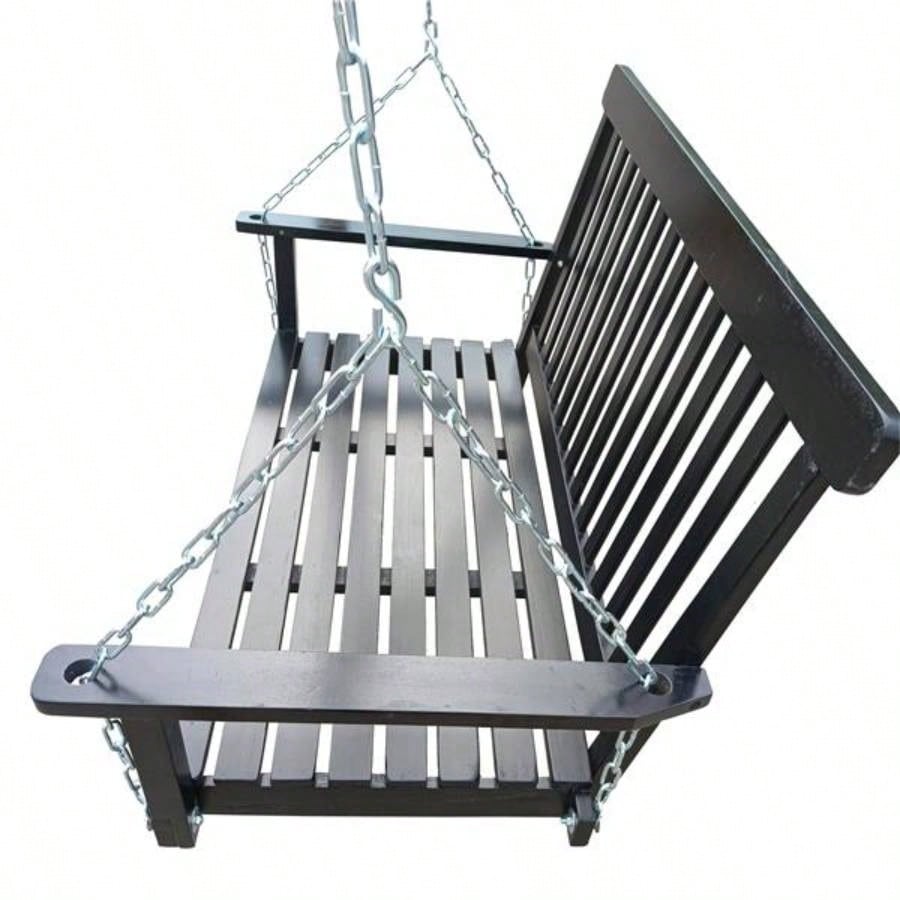 Front Porch Swing with Armrests, Wood Swing with Hanging Chains, Outdoor Patio, Garden Yard, porch, backyard, or sunroom, Easy to Assemble, black