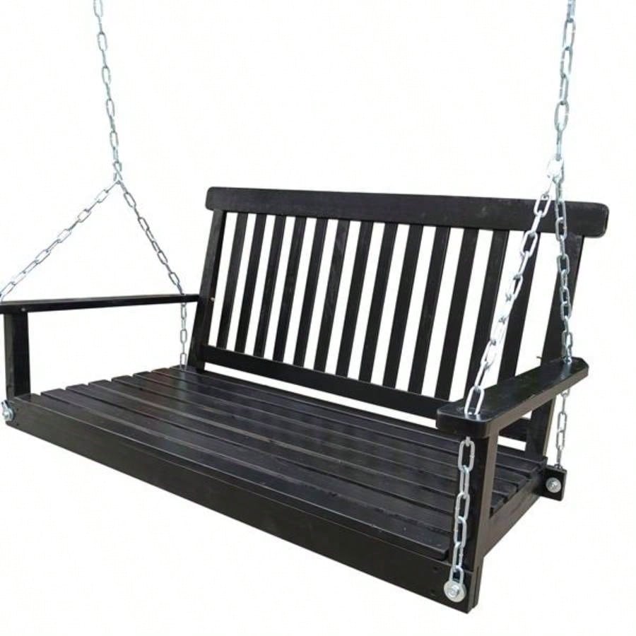 Front Porch Swing with Armrests, Wood Swing with Hanging Chains, Outdoor Patio, Garden Yard, porch, backyard, or sunroom, Easy to Assemble, black