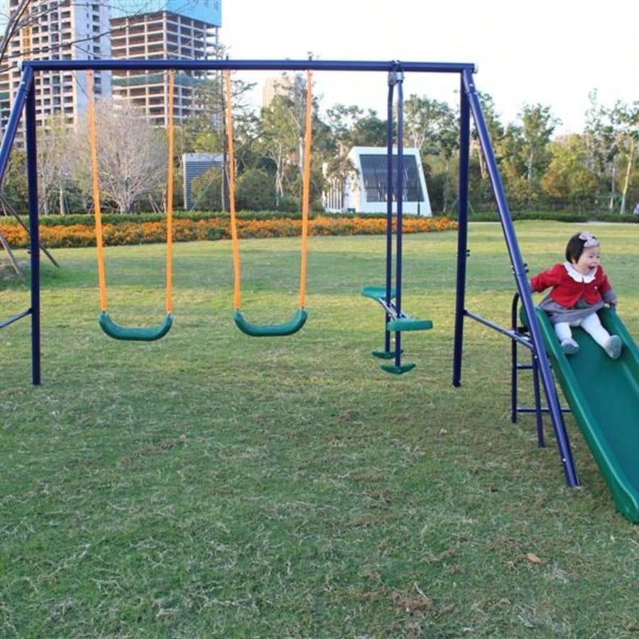 A - Frame Metal Swing Set/ Slide Blue, Green, Orange