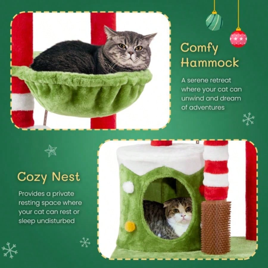 32in Scratching Posts Tower with Condo and Hammock, Themed Plush Tree with Massage Brush, Activity Center Indoor Cats