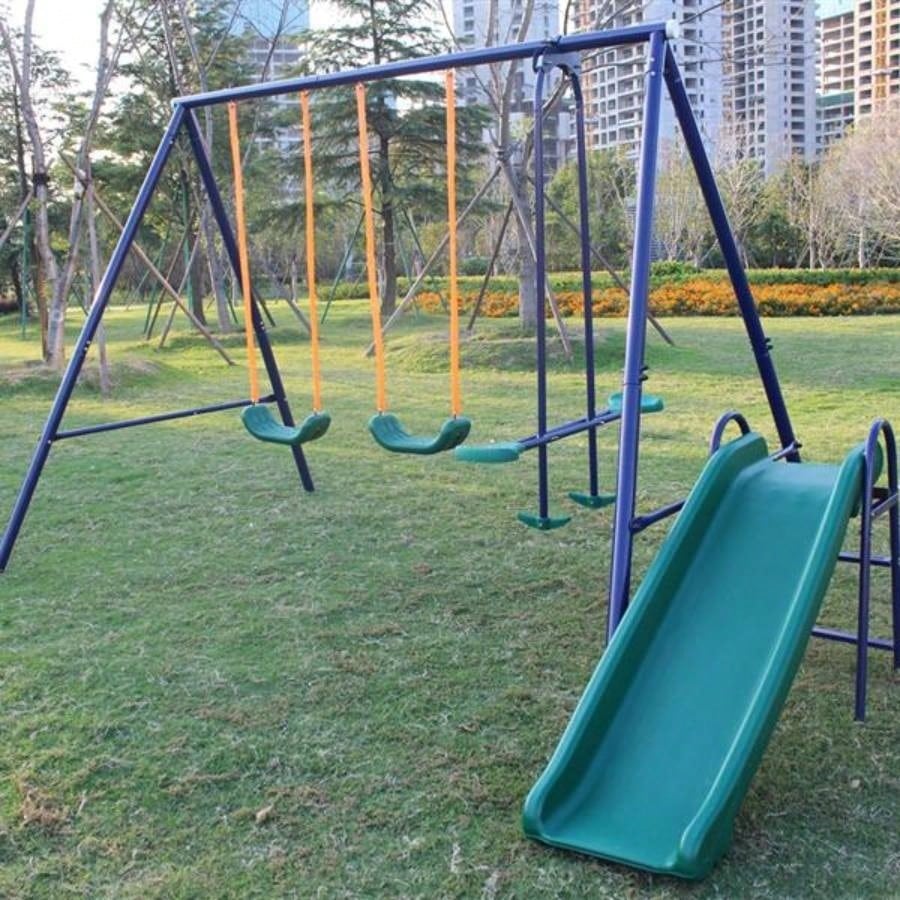 A - Frame Metal Swing Set/ Slide Blue, Green, Orange