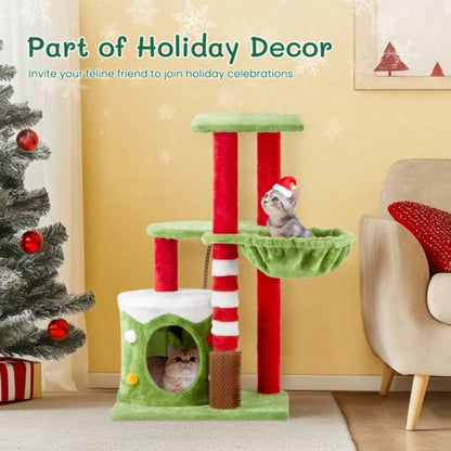 32in Scratching Posts Tower with Condo and Hammock, Themed Plush Tree with Massage Brush, Activity Center Indoor Cats