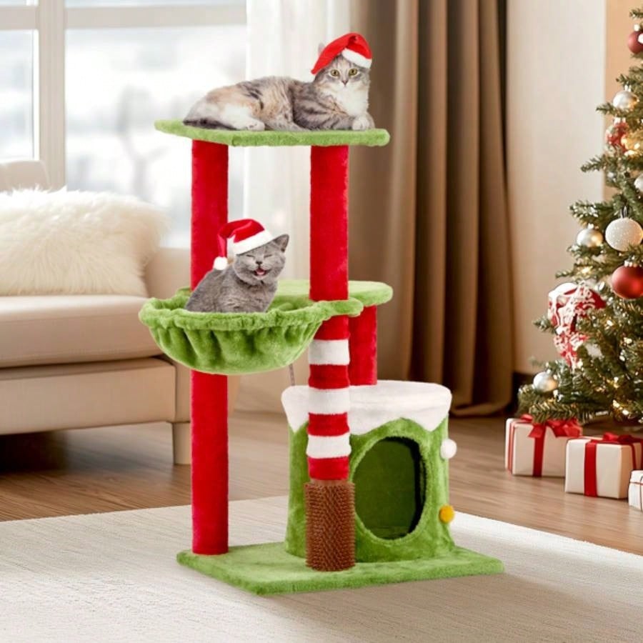 32in Scratching Posts Tower with Condo and Hammock, Themed Plush Tree with Massage Brush, Activity Center Indoor Cats