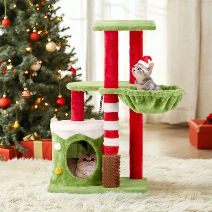 32in Scratching Posts Tower with Condo and Hammock, Themed Plush Tree with Massage Brush, Activity Center Indoor Cats