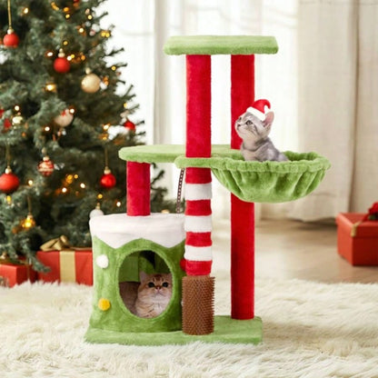 32in Scratching Posts Tower with Condo and Hammock, Themed Plush Tree with Massage Brush, Activity Center Indoor Cats