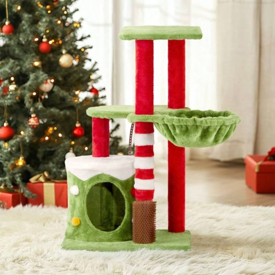32in Scratching Posts Tower with Condo and Hammock, Themed Plush Tree with Massage Brush, Activity Center Indoor Cats