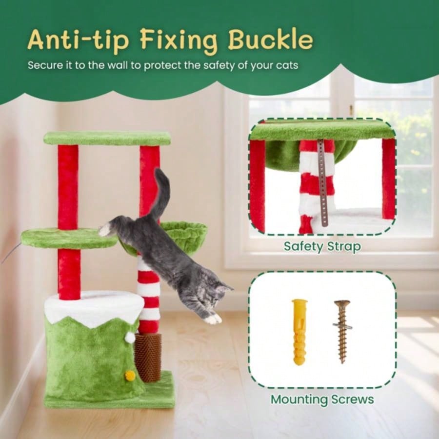 32in Scratching Posts Tower with Condo and Hammock, Themed Plush Tree with Massage Brush, Activity Center Indoor Cats