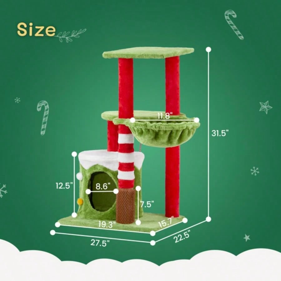 32in Scratching Posts Tower with Condo and Hammock, Themed Plush Tree with Massage Brush, Activity Center Indoor Cats