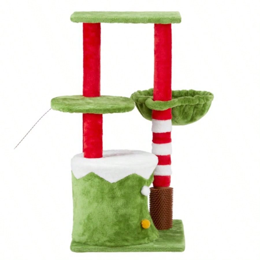 32in Scratching Posts Tower with Condo and Hammock, Themed Plush Tree with Massage Brush, Activity Center Indoor Cats