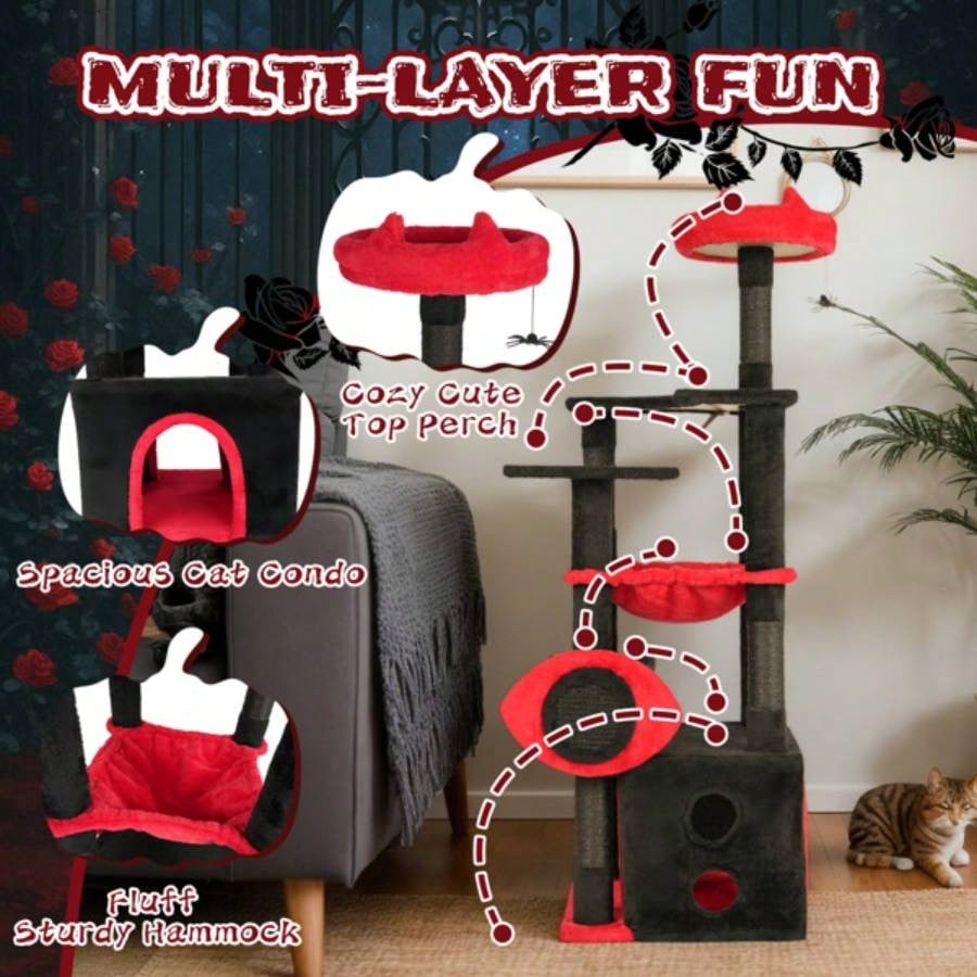 53 Large Tree, Gothic Tower with Padded Perch, Spacious Condo, Comfy Hammock, Scratching Post, Hanging Toy Indoor Cats, Red Black