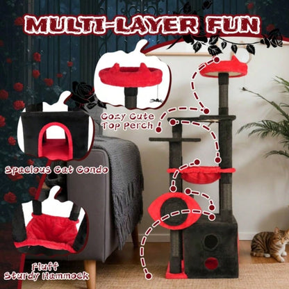 53 Large Tree, Gothic Tower with Padded Perch, Spacious Condo, Comfy Hammock, Scratching Post, Hanging Toy Indoor Cats, Red Black