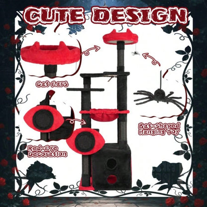 53 Large Tree, Gothic Tower with Padded Perch, Spacious Condo, Comfy Hammock, Scratching Post, Hanging Toy Indoor Cats, Red Black