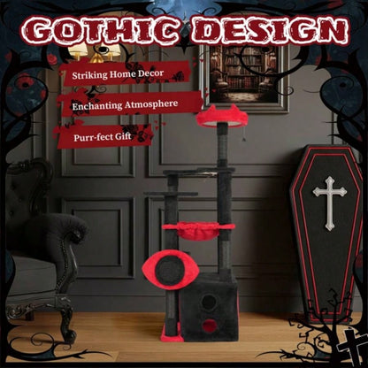 53 Large Tree, Gothic Tower with Padded Perch, Spacious Condo, Comfy Hammock, Scratching Post, Hanging Toy Indoor Cats, Red Black