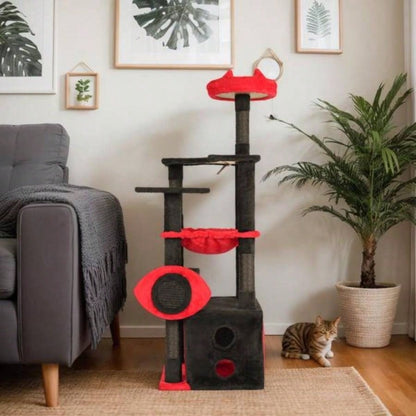 53 Large Tree, Gothic Tower with Padded Perch, Spacious Condo, Comfy Hammock, Scratching Post, Hanging Toy Indoor Cats, Red Black