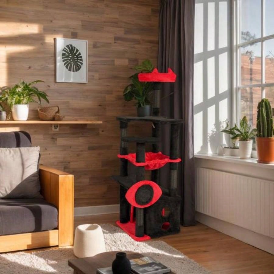 53 Large Tree, Gothic Tower with Padded Perch, Spacious Condo, Comfy Hammock, Scratching Post, Hanging Toy Indoor Cats, Red Black