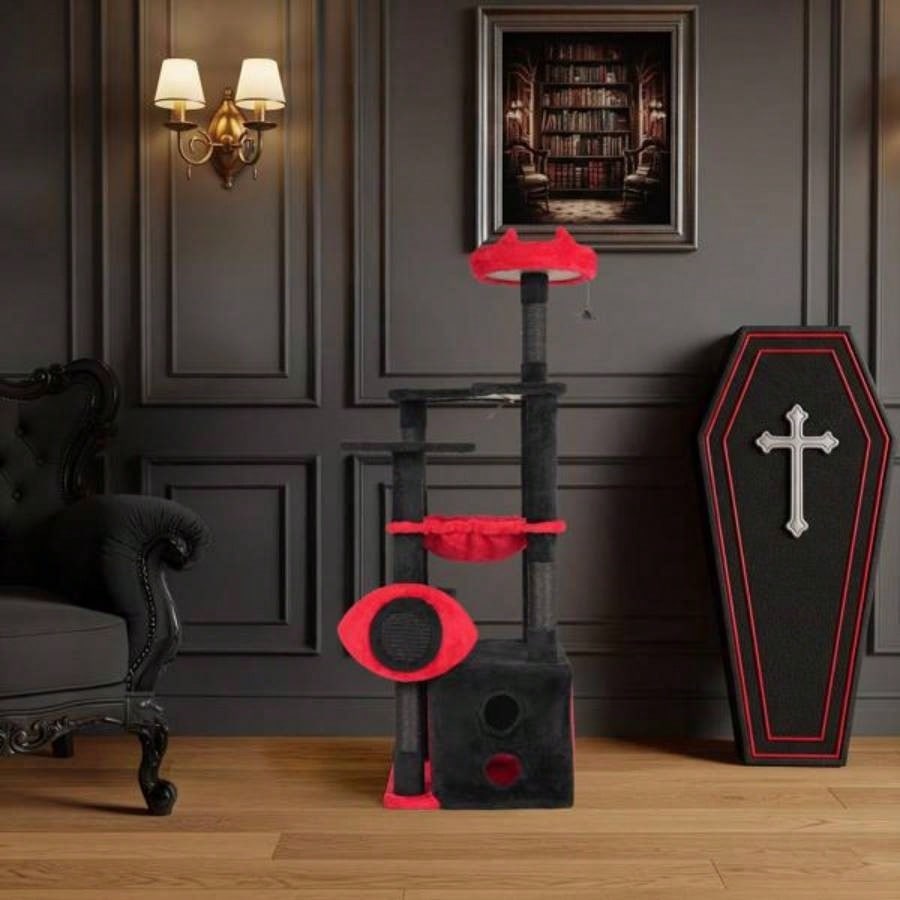 53 Large Tree, Gothic Tower with Padded Perch, Spacious Condo, Comfy Hammock, Scratching Post, Hanging Toy Indoor Cats, Red Black