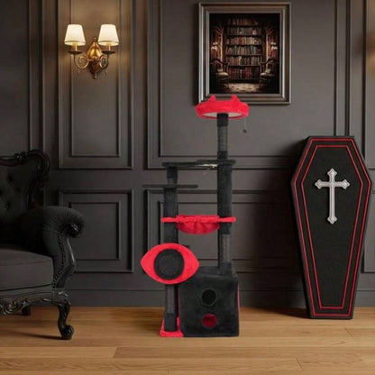53 Large Tree, Gothic Tower with Padded Perch, Spacious Condo, Comfy Hammock, Scratching Post, Hanging Toy Indoor Cats, Red Black