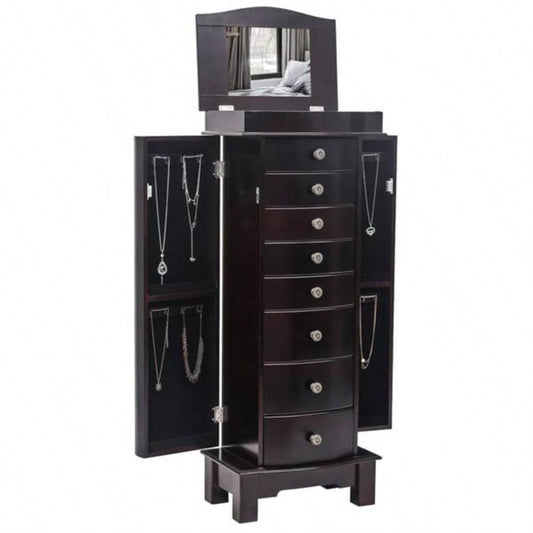 Jewelry Armoire with Mirror, 8 Drawers 16 Necklace Hooks, 2 Side Swing DoorsBrown