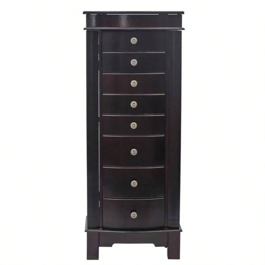 Jewelry Armoire with Mirror, 8 Drawers 16 Necklace Hooks, 2 Side Swing DoorsBrown