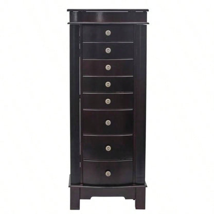 Jewelry Armoire with Mirror, 8 Drawers 16 Necklace Hooks, 2 Side Swing DoorsBrown