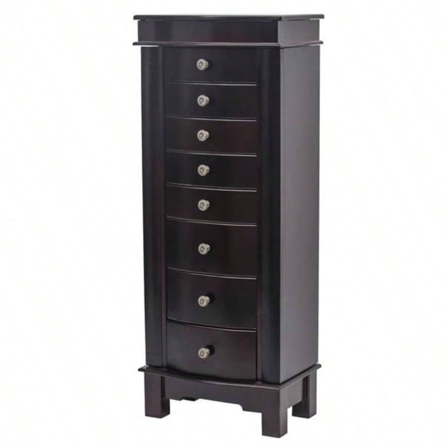 Jewelry Armoire with Mirror, 8 Drawers 16 Necklace Hooks, 2 Side Swing DoorsBrown