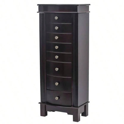 Jewelry Armoire with Mirror, 8 Drawers 16 Necklace Hooks, 2 Side Swing DoorsBrown