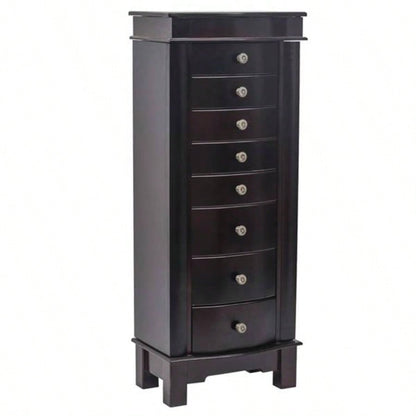 Jewelry Armoire with Mirror, 8 Drawers 16 Necklace Hooks, 2 Side Swing DoorsBrown