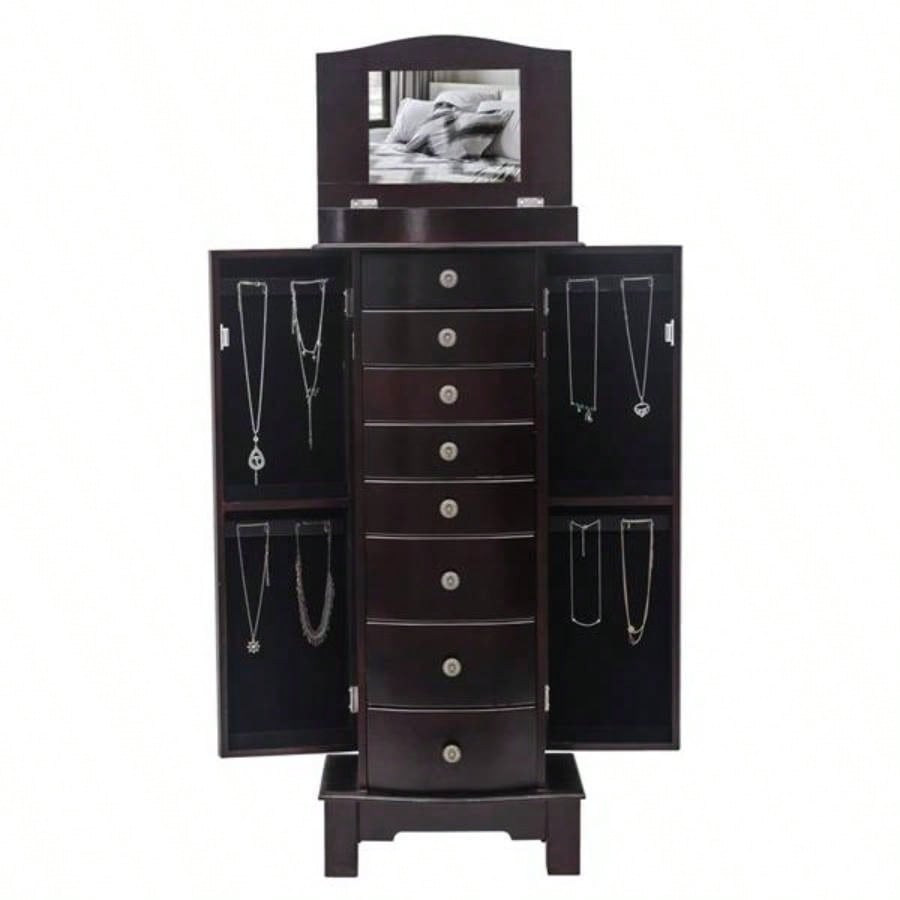 Jewelry Armoire with Mirror, 8 Drawers 16 Necklace Hooks, 2 Side Swing DoorsBrown