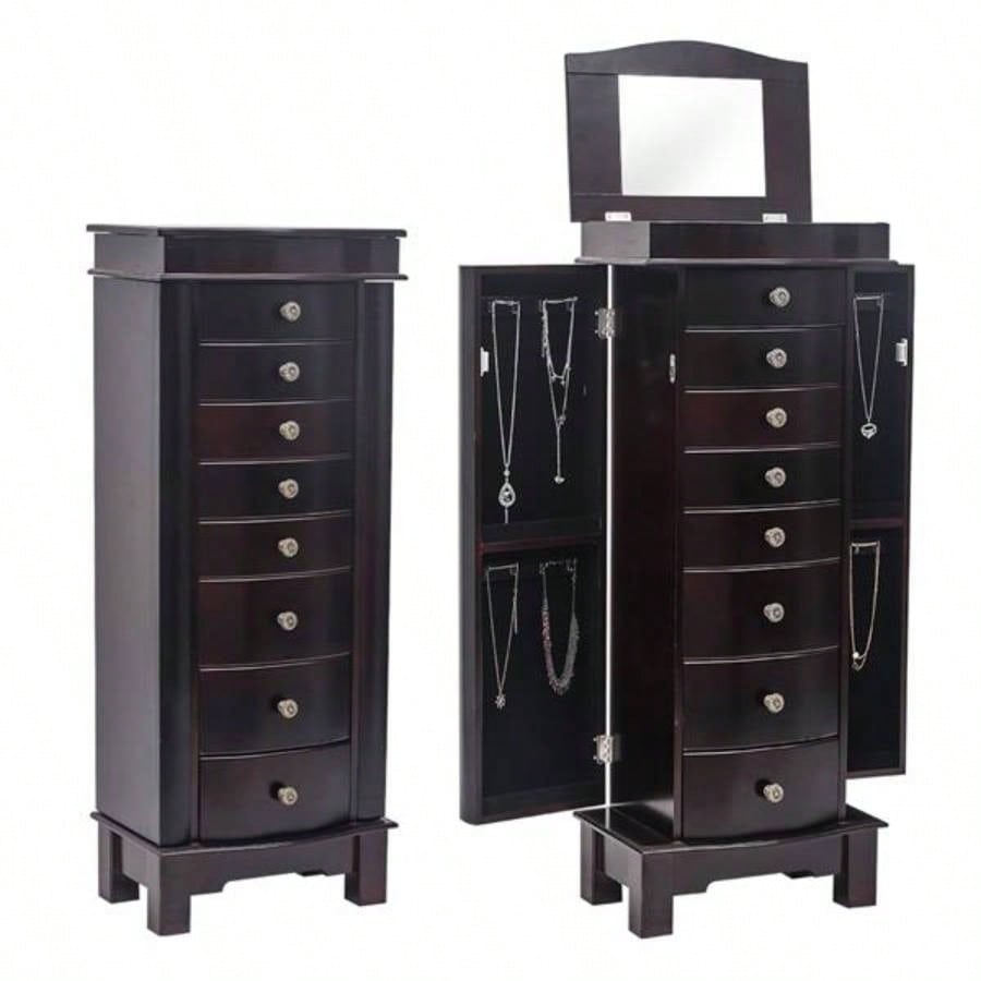 Jewelry Armoire with Mirror, 8 Drawers 16 Necklace Hooks, 2 Side Swing DoorsBrown