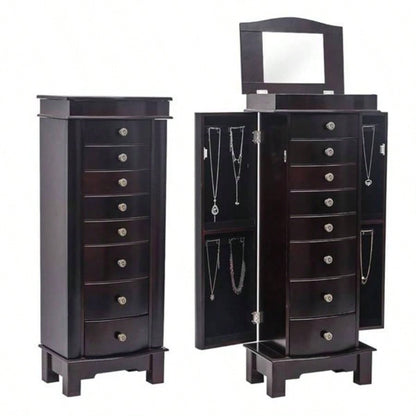 Jewelry Armoire with Mirror, 8 Drawers 16 Necklace Hooks, 2 Side Swing DoorsBrown