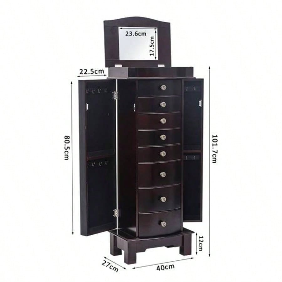 Jewelry Armoire with Mirror, 8 Drawers 16 Necklace Hooks, 2 Side Swing DoorsBrown