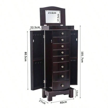 Jewelry Armoire with Mirror, 8 Drawers 16 Necklace Hooks, 2 Side Swing DoorsBrown