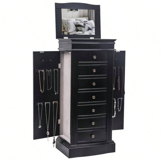 Jewelry Armoire with Mirror, Drawers 24 Necklace Hooks, 2 Side Swing DoorsBlack