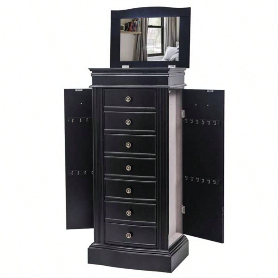 Jewelry Armoire with Mirror, Drawers 24 Necklace Hooks, 2 Side Swing DoorsBlack