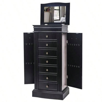 Jewelry Armoire with Mirror, Drawers 24 Necklace Hooks, 2 Side Swing DoorsBlack