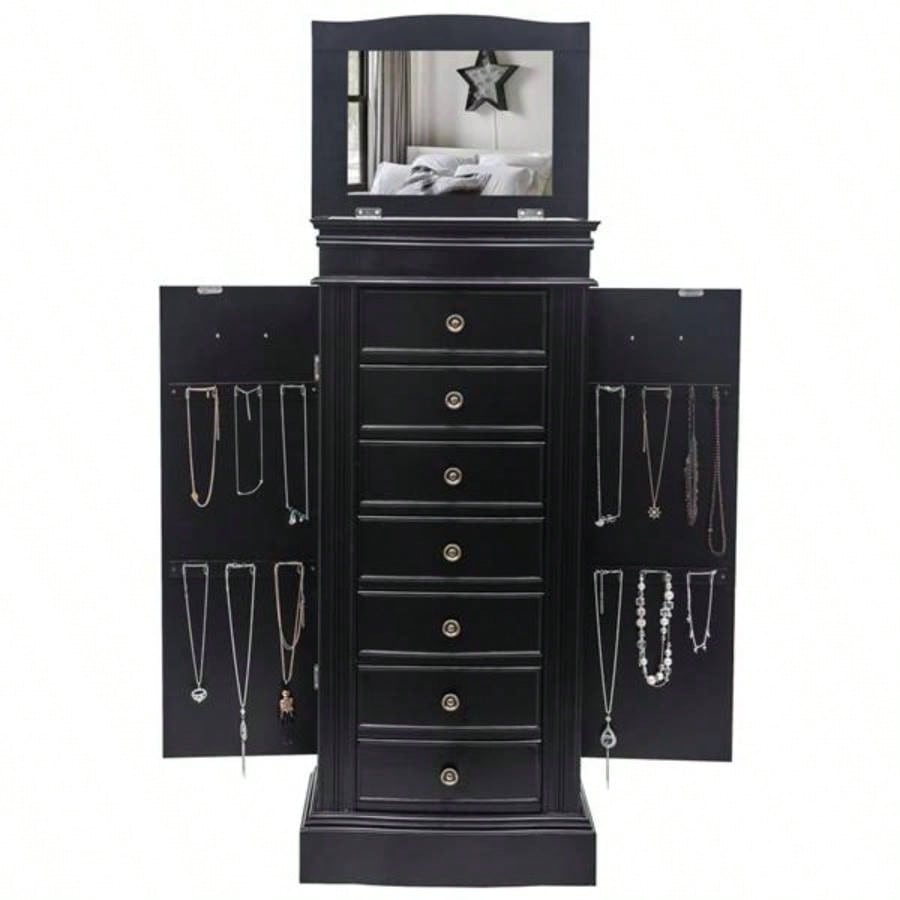 Jewelry Armoire with Mirror, Drawers 24 Necklace Hooks, 2 Side Swing DoorsBlack